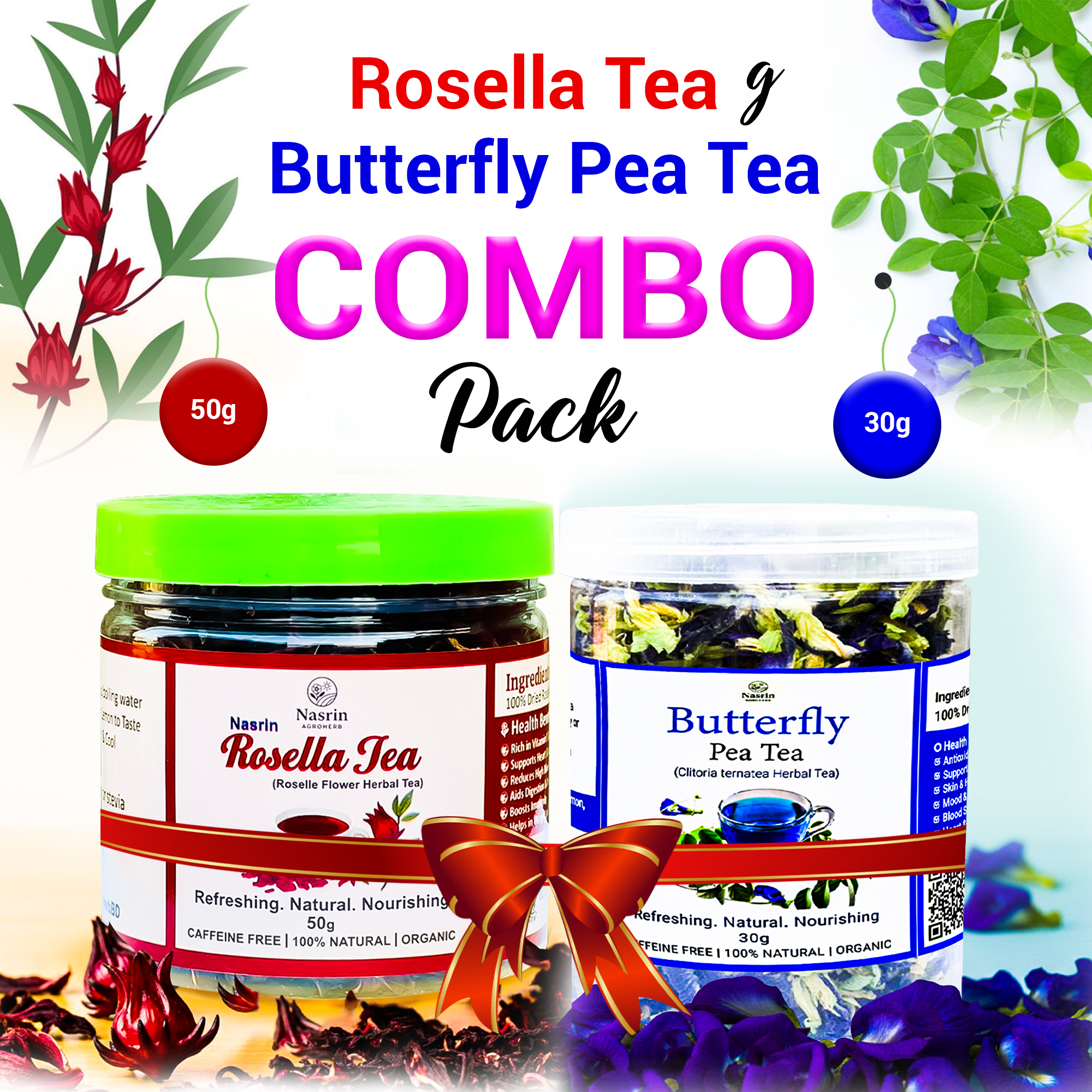 Organic Rosella &amp; Butterfly Pea Tea Combo – Roselle 50g + Blue Tea 30g – Herbal Wellness Tea