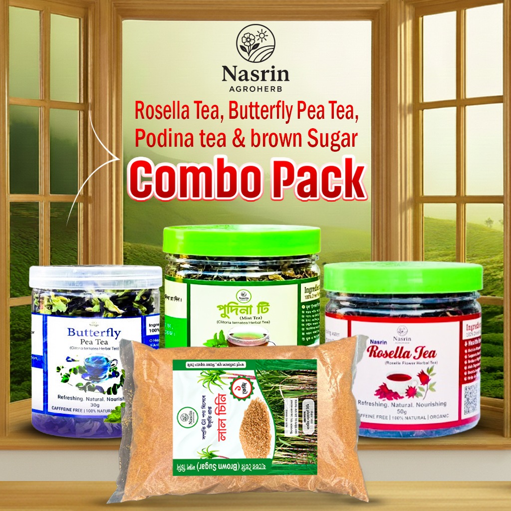 Rosella Tea + Butterfly Pea Tea + Podina Tea + Brown Sugar Combo | 4 in 1 Herbal Tea | Natural Detox &amp; Refreshing Tea