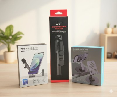 Smart Vlogger's Combo: K8 Wireless Microphone, Q07 Bluetooth Selfie Stick &amp;amp; 360° Rotating Phone Stand